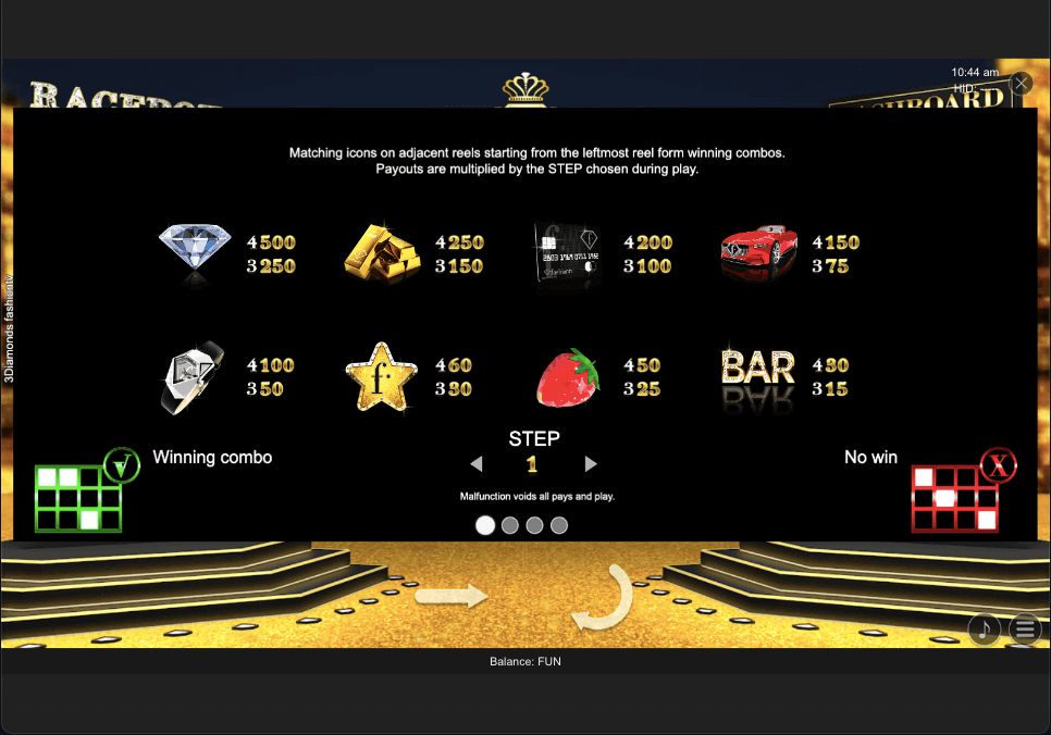 3 Diamonds FashionTv Slots Game Paytable