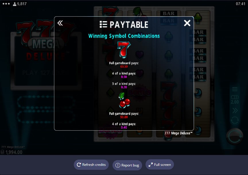 777 Mega Deluxe Online Slot Game Paytable