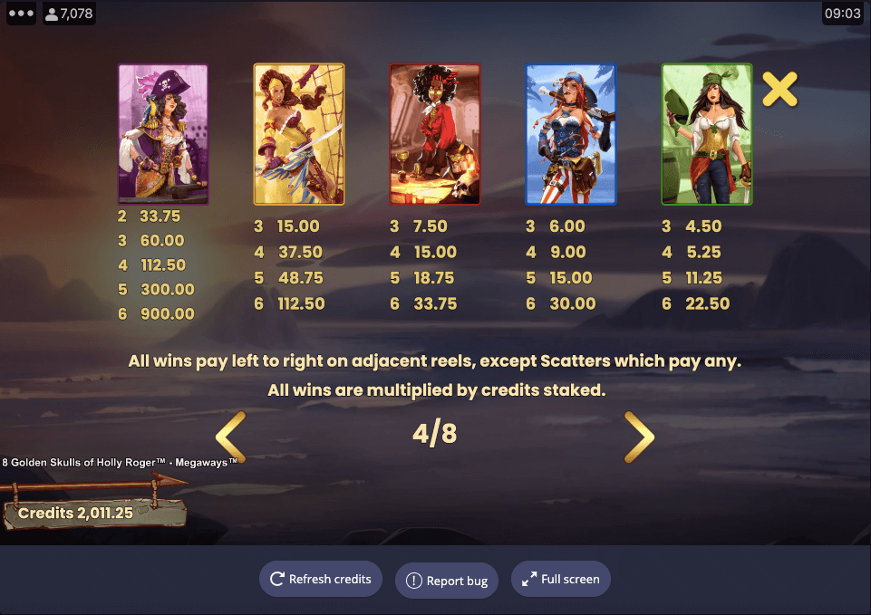 8 Golden Skulls of Holly Roger Online Slot Game Paytable