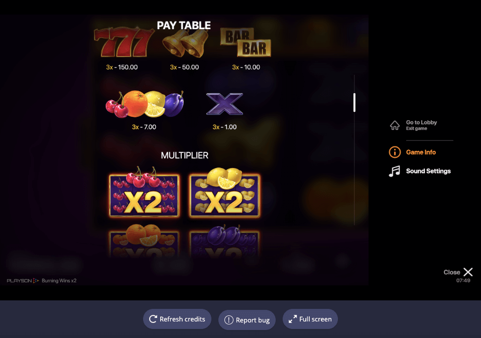 Burning Wins x2 Online Slots Game Paytable