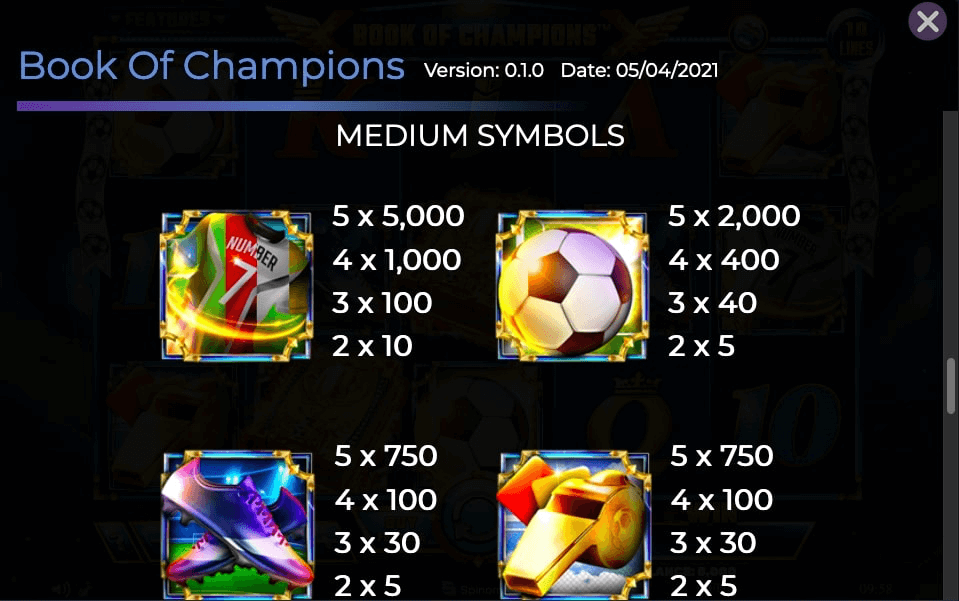 book of champions paytable