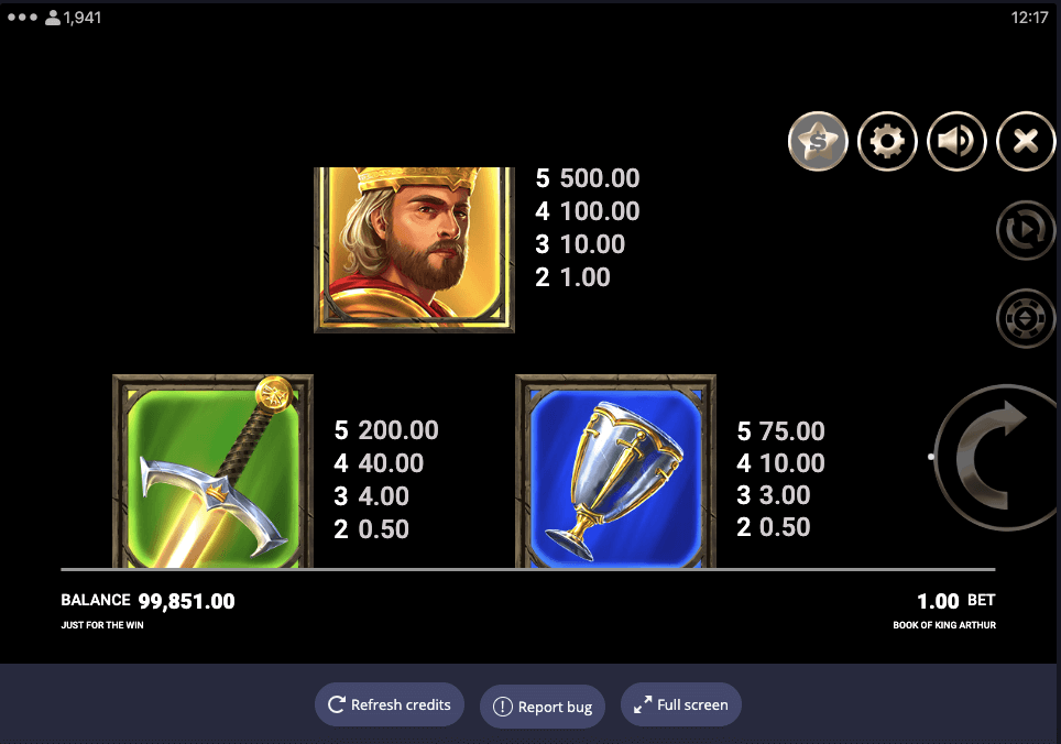 Book of King Arthur Online Slot Game Paytable