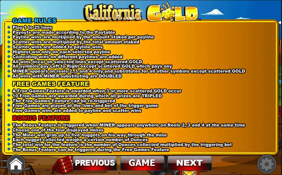 California Gold Online Slot Game Features