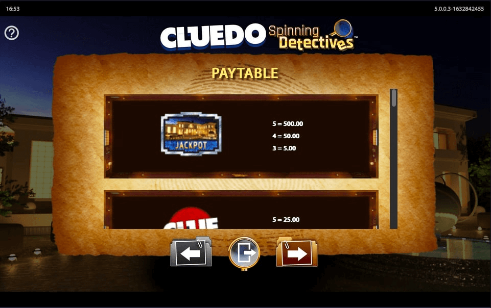 Cluedo Spinning Detectives Online Slot Game Paytable