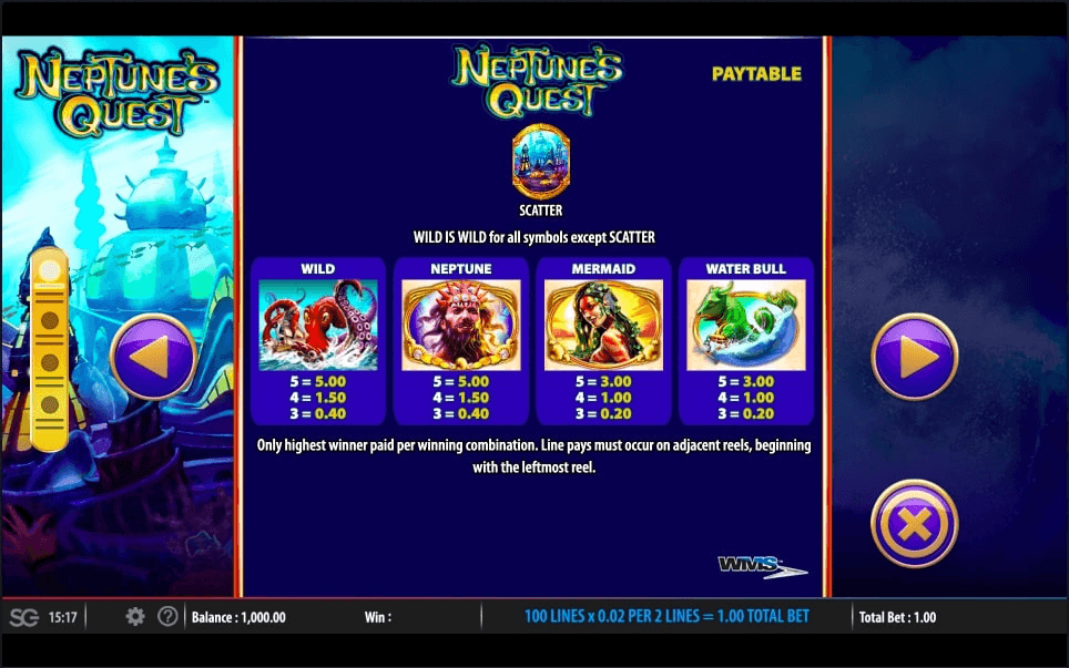Neptune's Quest Online Slot Game Paytable