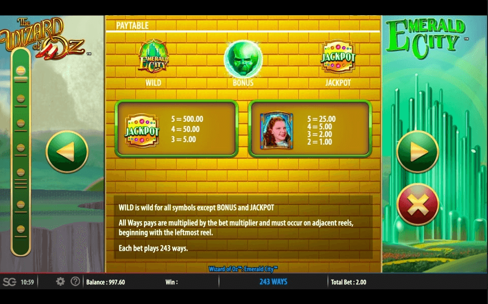 Wizard Of Oz Emerald City Online Slot Game Paytable